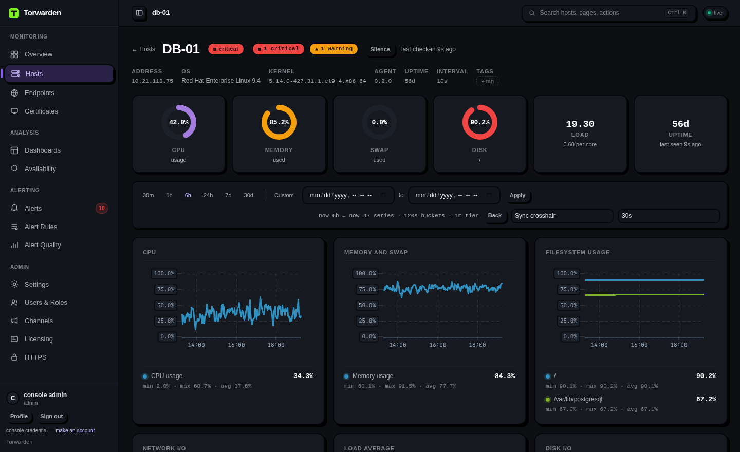 A host detail page: gauges for CPU, memory, swap and disk, a time range selector, and
            charts for CPU, memory and filesystem usage.